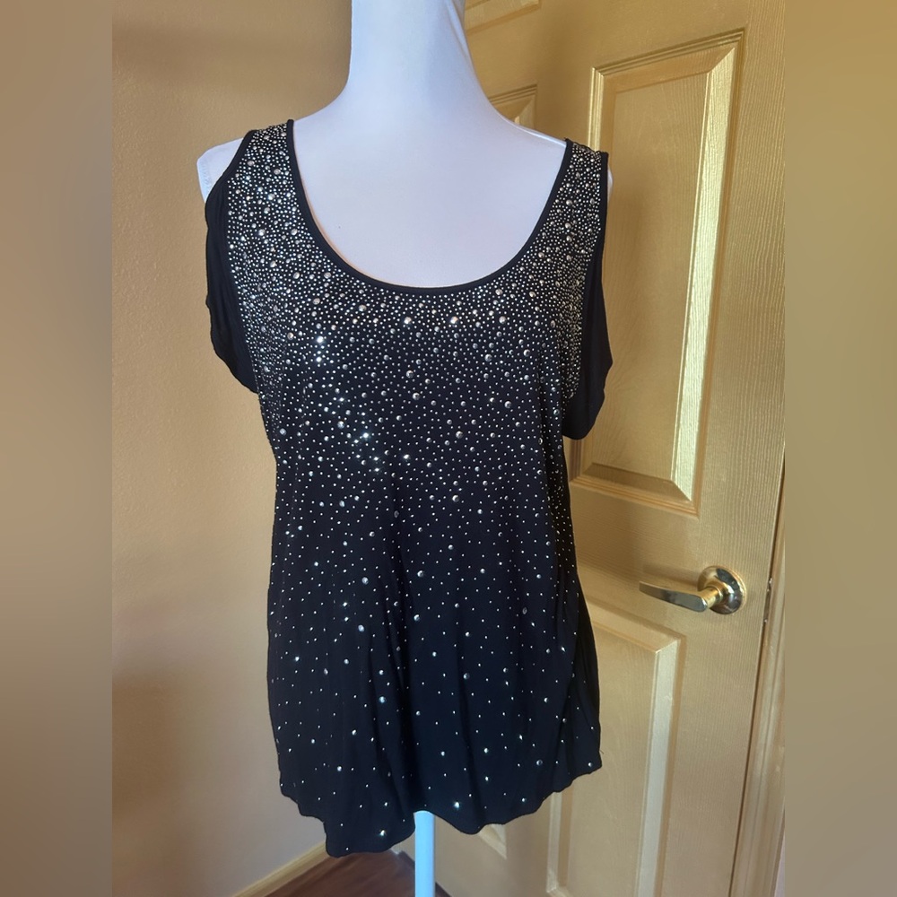 Black w/ Silver Sequin Scoop Neck Women's Top ”cold shoulder”.